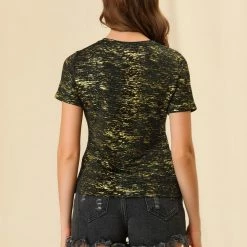 Allegra K Women's Party Metallic Textured Short Sleeve Shiny Multicolor Top