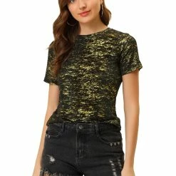 Allegra K Women's Party Metallic Textured Short Sleeve Shiny Multicolor Top