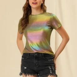 Allegra K Women's Party Metallic Textured Short Sleeve Shiny Multicolor Top