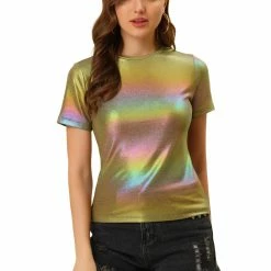 Allegra K Women's Party Metallic Textured Short Sleeve Shiny Multicolor Top