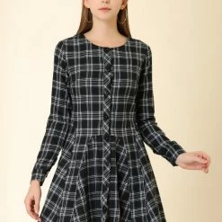Allegra K 2098 Women Plaids Long Sleeves Belted Mini A Line Shirt Dress