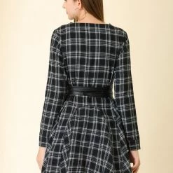 Allegra K 2098 Women Plaids Long Sleeves Belted Mini A Line Shirt Dress