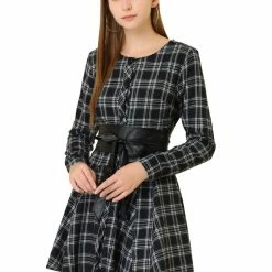 Allegra K 2098 Women Plaids Long Sleeves Belted Mini A Line Shirt Dress