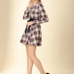 Allegra K 2098 Women Plaids Long Sleeves Belted Mini A Line Shirt Dress