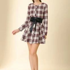 Allegra K 2098 Women Plaids Long Sleeves Belted Mini A Line Shirt Dress