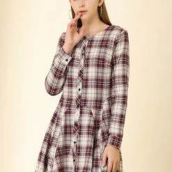 Allegra K 2098 Women Plaids Long Sleeves Belted Mini A Line Shirt Dress