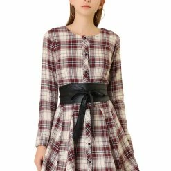 Allegra K 2098 Women Plaids Long Sleeves Belted Mini A Line Shirt Dress