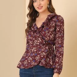 Allegra K Floral Print Crossover Ruffle V Neck Self Tie Wrap Peplum Top Women