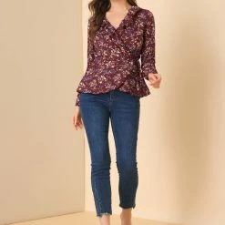Allegra K Floral Print Crossover Ruffle V Neck Self Tie Wrap Peplum Top Women