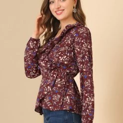 Allegra K Floral Print Crossover Ruffle V Neck Self Tie Wrap Peplum Top Women