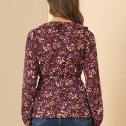 Allegra K Floral Print Crossover Ruffle V Neck Self Tie Wrap Peplum Top Women