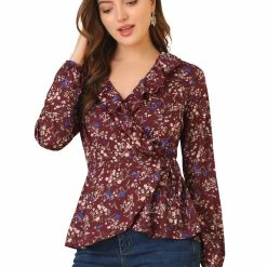Allegra K Floral Print Crossover Ruffle V Neck Self Tie Wrap Peplum Top Women
