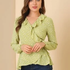 Allegra K Floral Print Crossover Ruffle V Neck Self Tie Wrap Peplum Top Women