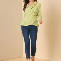 Allegra K Floral Print Crossover Ruffle V Neck Self Tie Wrap Peplum Top Women