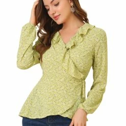 Allegra K Floral Print Crossover Ruffle V Neck Self Tie Wrap Peplum Top Women