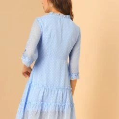 Allegra K Women's Swiss Dots Ruffle V Neck 3/4 Sleeve Tiered Flowy Chiffon Dress