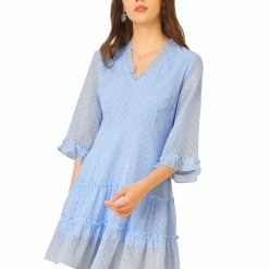 Allegra K Women's Swiss Dots Ruffle V Neck 3/4 Sleeve Tiered Flowy Chiffon Dress