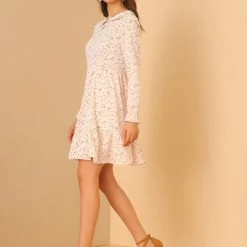 Allegra K Women's Ditsy Floral Peter Pan Collar Keyhole Long Sleeve Ruffle Chiffon Dress