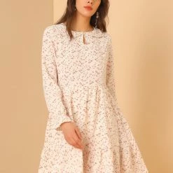 Allegra K Women's Ditsy Floral Peter Pan Collar Keyhole Long Sleeve Ruffle Chiffon Dress