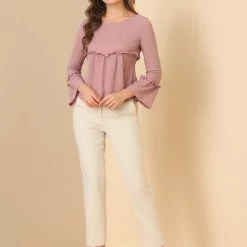 Allegra K Women's Ruffle Hem Top Textured Round Neck High Waist Bell Long Sleeve Blouse