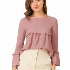 Allegra K Women's Ruffle Hem Top Textured Round Neck High Waist Bell Long Sleeve Blouse