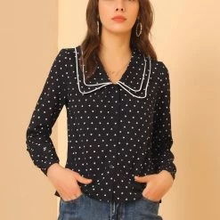 Allegra K Women's Vintage Peter Pan Collar Heart Print Long Sleeve Blouse Top