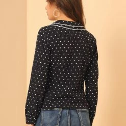 Allegra K Women's Vintage Peter Pan Collar Heart Print Long Sleeve Blouse Top