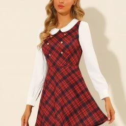 Allegra K Women's Doll Collar Contrast Color Button Decor Fit And Flare Plaid Dress 17 Allegra K Women's Doll Collar Contrast Color Button Decor Fit And Flare Plaid Dress