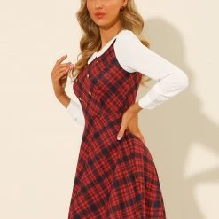 Allegra K Women's Doll Collar Contrast Color Button Decor Fit And Flare Plaid Dress 19 Allegra K Women's Doll Collar Contrast Color Button Decor Fit And Flare Plaid Dress