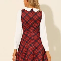 Allegra K Women's Doll Collar Contrast Color Button Decor Fit And Flare Plaid Dress 20 Allegra K Women's Doll Collar Contrast Color Button Decor Fit And Flare Plaid Dress
