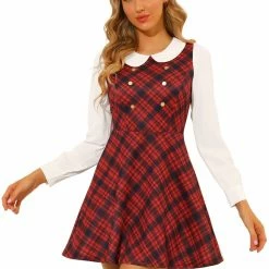 Allegra K Women's Doll Collar Contrast Color Button Decor Fit And Flare Plaid Dress