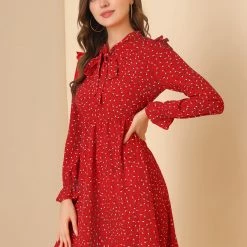 Allegra K Women's Ruffle Long Sleeve V Neck Bow Tie Dress