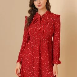 Allegra K Women's Ruffle Long Sleeve V Neck Bow Tie Dress