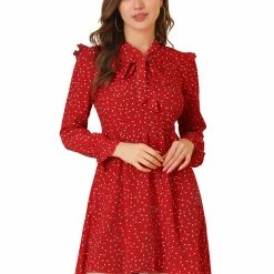 Allegra K Women's Ruffle Long Sleeve V Neck Bow Tie Dress