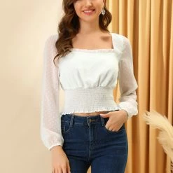 Allegra K Women's Ruffle Neck Swiss Dots Semi-sheer