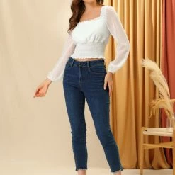 Allegra K Women's Ruffle Neck Swiss Dots Semi-sheer