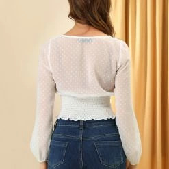 Allegra K Women's Ruffle Neck Swiss Dots Semi-sheer