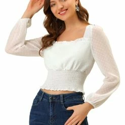 Allegra K Women's Ruffle Neck Swiss Dots Semi-sheer