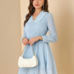 Allegra K Women's Peter Pan Collar Crochet Trim Long Sleeve Swiss Dots Retro Mini Dress