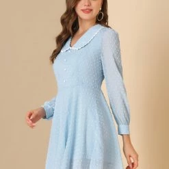 Allegra K Women's Peter Pan Collar Crochet Trim Long Sleeve Swiss Dots Retro Mini Dress