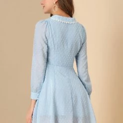 Allegra K Women's Peter Pan Collar Crochet Trim Long Sleeve Swiss Dots Retro Mini Dress