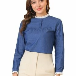 Allegra K Women's Denim Lace Frill Neck Puff Long Sleeve Chambray Blouse Top