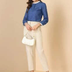 Allegra K Women's Denim Lace Frill Neck Puff Long Sleeve Chambray Blouse Top