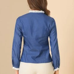 Allegra K Women's Denim Lace Frill Neck Puff Long Sleeve Chambray Blouse Top