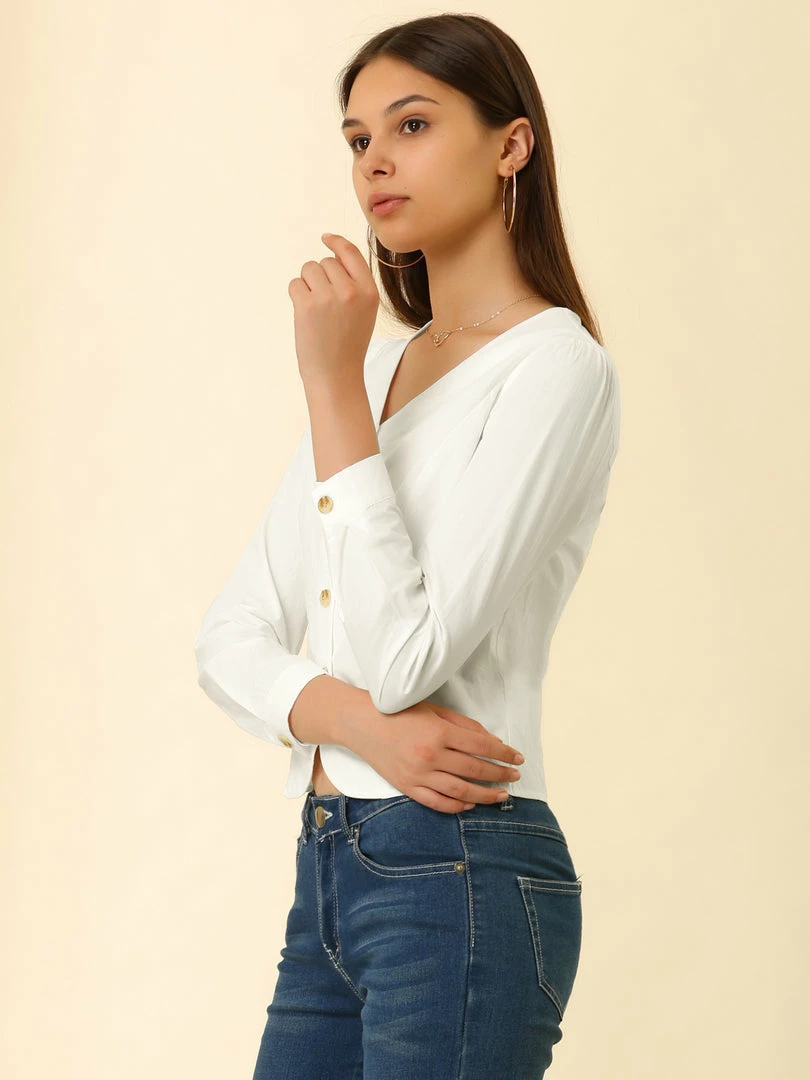 Allegra K Women's V Neck Full Placket Long Sleeve Blouse 7 Allegra K Women's V Neck Full Placket Long Sleeve Blouse