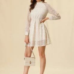 Allegra K Women's Elegant Floral Lace Long Sleeve Stand Collar High Waist Flowy Dress