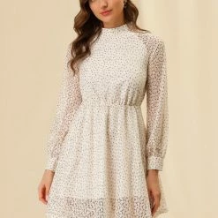 Allegra K Women's Elegant Floral Lace Long Sleeve Stand Collar High Waist Flowy Dress