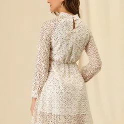 Allegra K Women's Elegant Floral Lace Long Sleeve Stand Collar High Waist Flowy Dress