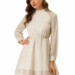 Allegra K Women's Elegant Floral Lace Long Sleeve Stand Collar High Waist Flowy Dress