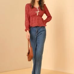 Allegra K Women's Heart Print Top Bow Tie Front Round Neck Long Sleeve Chiffon Peplum Blouse 11 Allegra K Women's Heart Print Top Bow Tie Front Round Neck Long Sleeve Chiffon Peplum Blouse